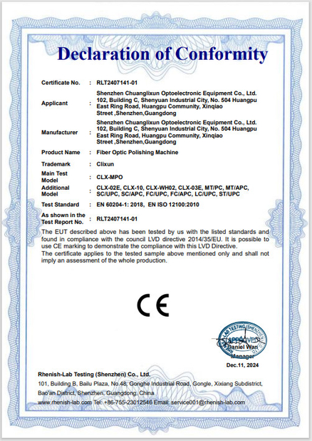 Chiny Shenzhen Chuanglixun Optoelectronic Equipment Co., Ltd. Certyfikaty
