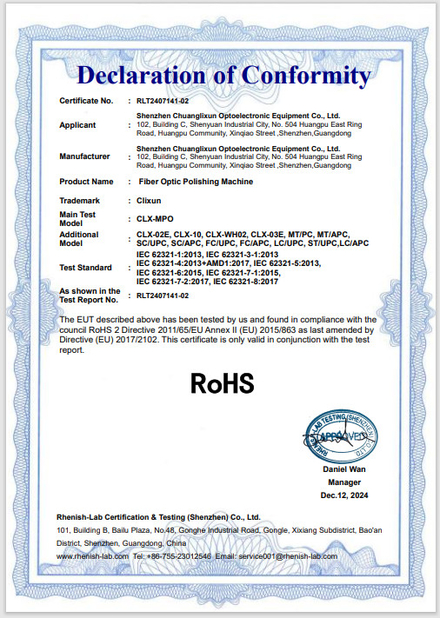 Chiny Shenzhen Chuanglixun Optoelectronic Equipment Co., Ltd. Certyfikaty
